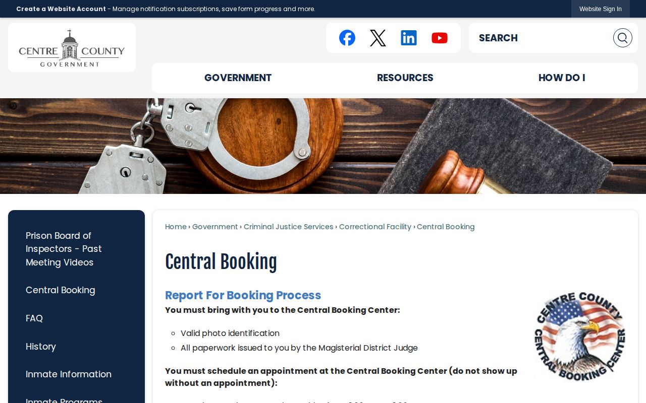 Centre County 24-hour release Central Booking information