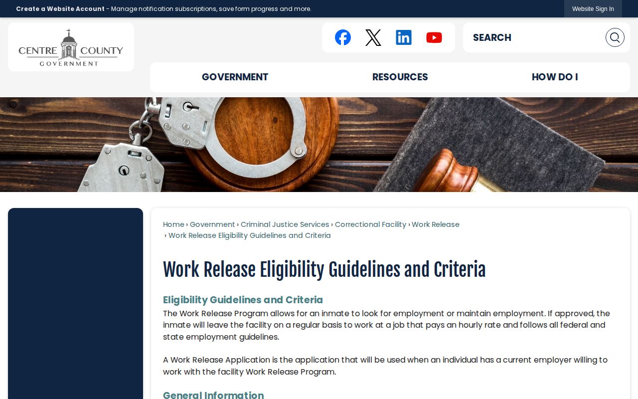 Centre County 72-hour release work-release eligibility information