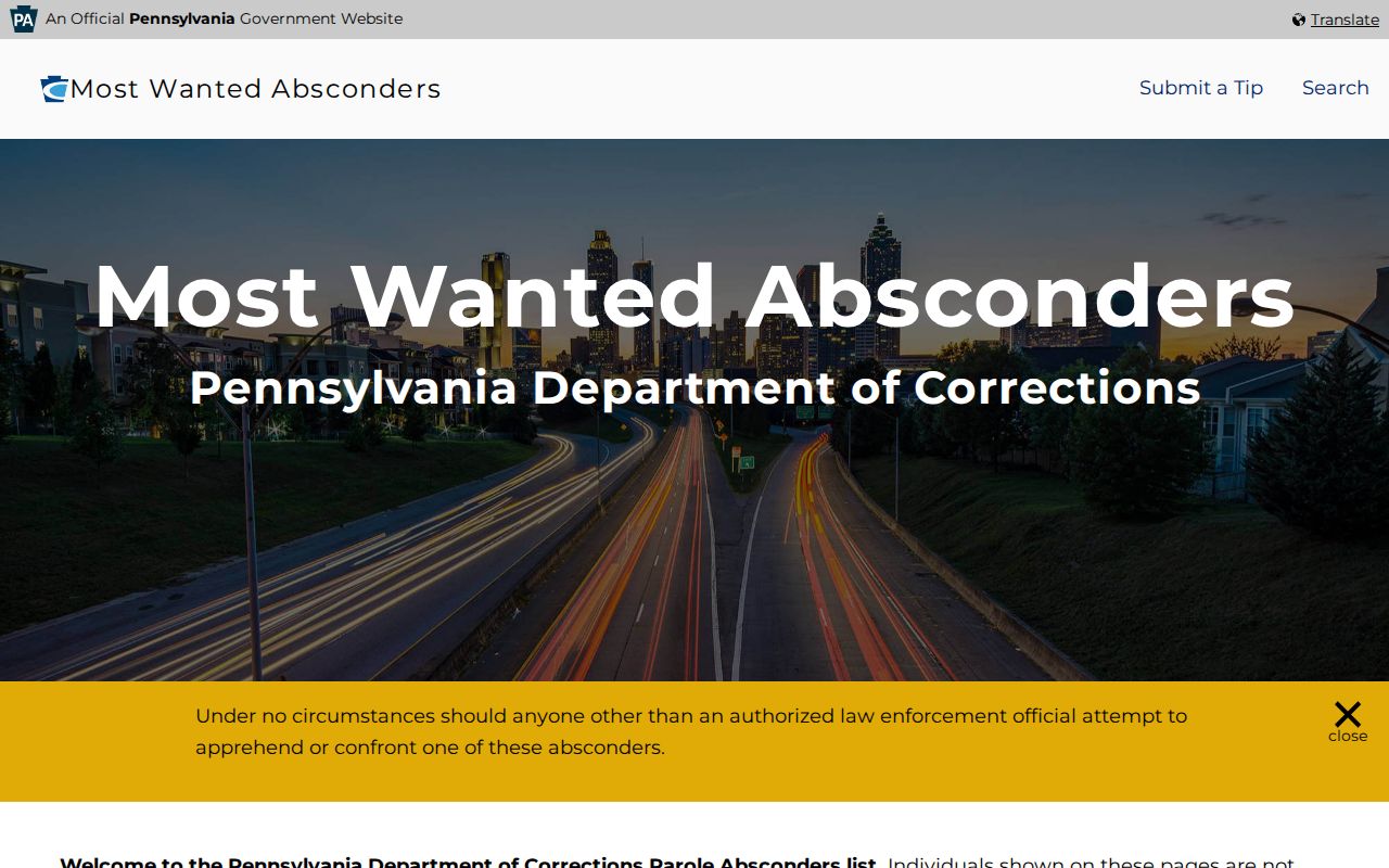 Pennsylvania Most Wanted parole absconder lookup page