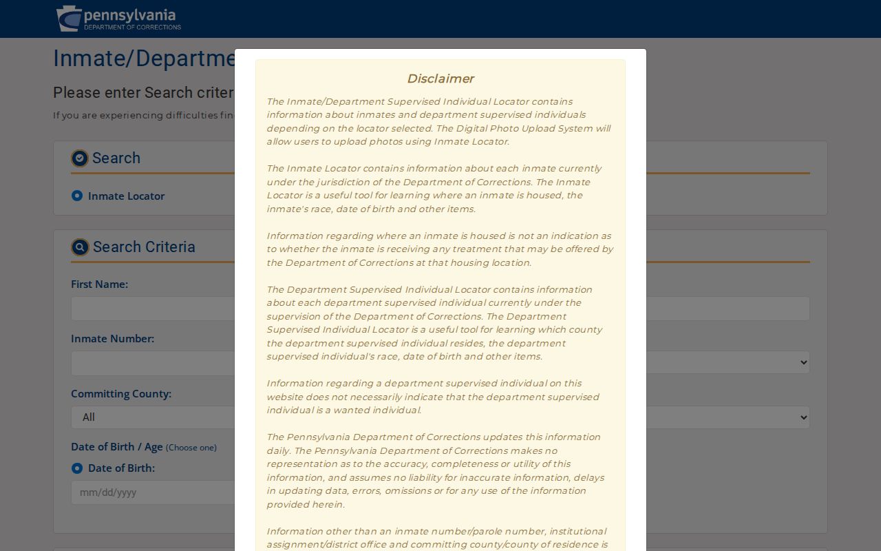 Pennsylvania DOC locator used for Centre County state prisoner and supervised-person searches