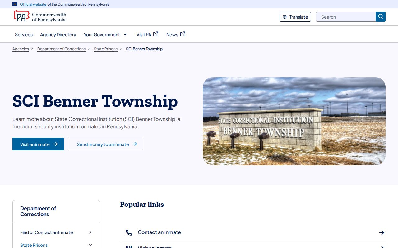 Official PADOC page for active SCI Benner Township in Centre County